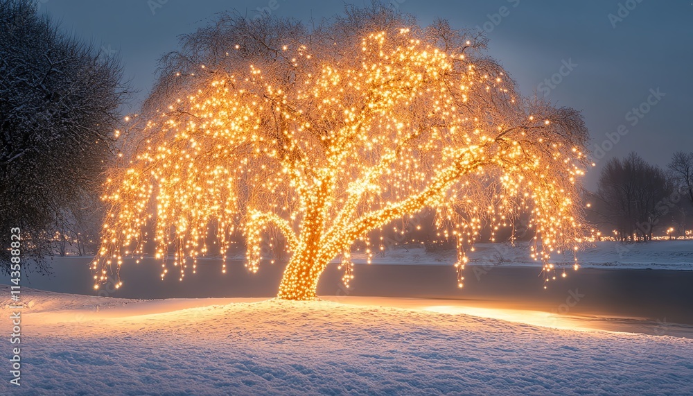A tree illuminated with thousands of tiny lights at night, casting a ...
