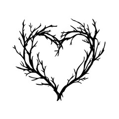 Heart-Shaped Branch Silhouette Design, Minimalist illustration of two branches forming a heart shape, symbolizing nature, love, and organic connections on a white background.

