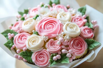 Wall Mural - Delicate Pink and White Rose Bouquet Cupcakes