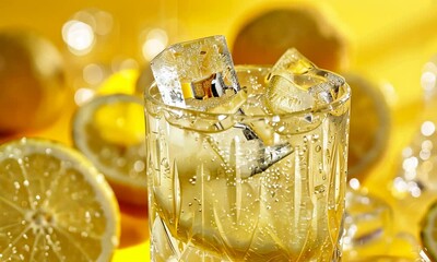 Wall Mural - Sparkling lemonade with ice in glass, surrounded by lemons