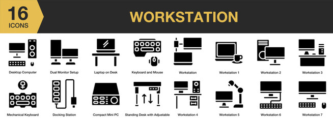 Wall Mural - Workstation solid icon set. Includes Computer, Desktop Computer, Pc, Personal Computer, Workstation, and More. Solid icons vector collection.