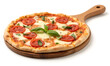 © Celt Studio - Appetizing pizza topped with juicy tomato slices, gooey mozzarella cheese, and fresh basil leaves. rustic wooden board. food photography, pizzeria advertisements, traditional Italian pizza