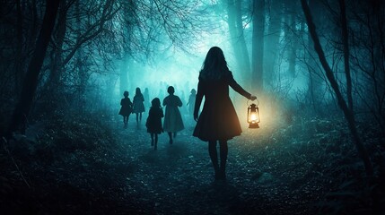 Wall Mural - Silhouetted figure of a person holding a bright lantern leading a group through a dense dark forest filled with towering trees and shadows