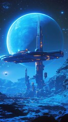Poster - Floating structure above alien landscape illuminated by a blue celestial body at night