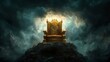 © Heng Heng - AI Stock - A stunning dramatic golden throne placed atop a majestic mountain peak surrounded by a turbulent glowing stormy sky exuding a sense of authority power and regal grandeur