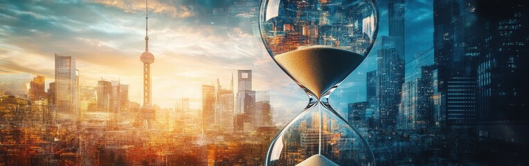 Poster - Hourglass symbolizes the passage of time with vibrant city skyline at dusk showcasing urban life and change