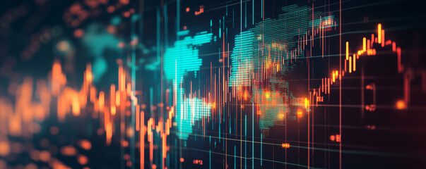 Wall Mural - detailed world map with glowing financial graphs and data visualizations, showcasing global market t