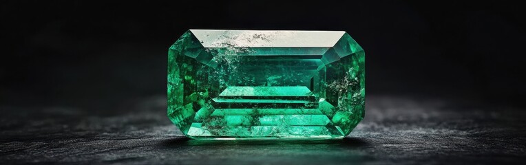 Poster - Rich green emerald gemstone exhibiting brilliant hues and exquisite clarity on a dark surface