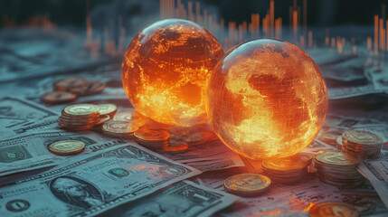 Wall Mural - glowing globes on bed of detailed money create striking visual. vibrant orbs symbolize wealth and en