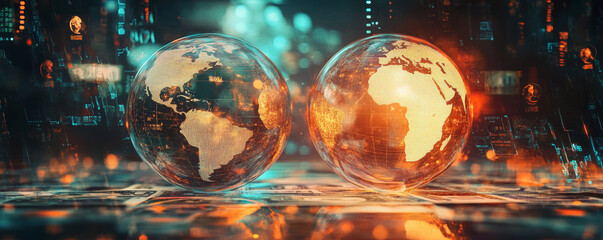 Wall Mural - two abstract glowing globes representing earth, surrounded by digital elements and data streams, cre