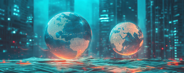 Wall Mural - two glowing globes representing earth above bed of money, symbolizing global finance and economy in 