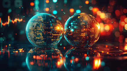 Wall Mural - two reflective globes glowing softly, surrounded by vibrant lights and digital patterns, create mesm