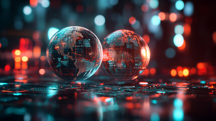 Wall Mural - two reflective globes glowing softly, surrounded by vibrant lights, create futuristic atmosphere. in