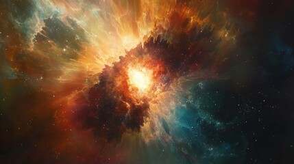 Poster - Surreal depiction of a vibrant supernova explosion illuminating the cosmic landscape in a kaleidoscope of colors