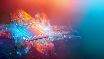 Consumer future and technology concepts: Quantum computing concept, glowing circuits and particles.