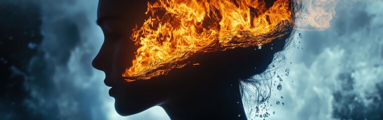 Poster - Powerful silhouette of a face with a striking fire element and water blending at dusk