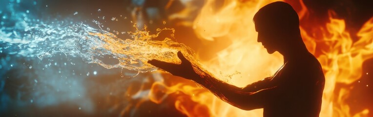 Aufkleber - Silhouette of a figure manipulating flowing water against a backdrop of vibrant flames during twilight
