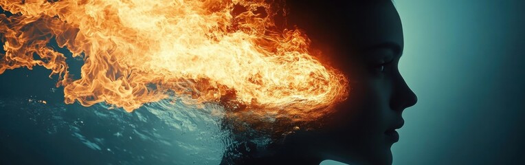 Poster - Silhouette of a face with roaring fire illustrating passion and energy in a striking visual representation