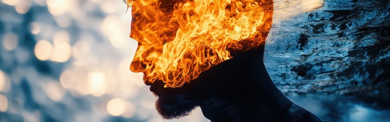 Poster - Silhouette of a face with a roaring fire blending into the background creating an intense visual effect at dusk