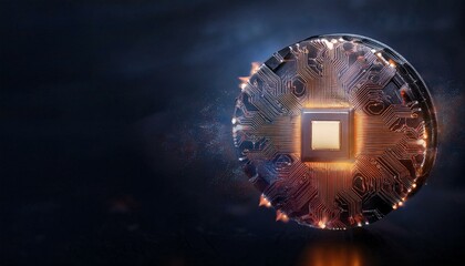 Consumer future and technology concepts: Quantum computing concept, glowing circuits and particles.