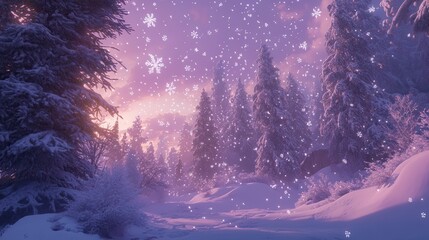 Wall Mural - Serene snowy landscape at twilight with falling snowflakes in a tranquil forest setting