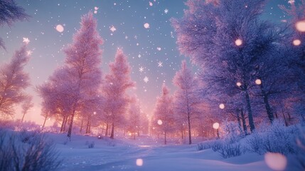 Poster - Serene twilight scene of snowy landscape with softly falling snowflakes in a tranquil winter forest