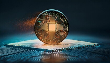 Consumer future and technology concepts: Quantum computing concept, glowing circuits and particles.