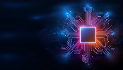 Consumer future and technology concepts: Quantum computing concept, glowing circuits and particles.