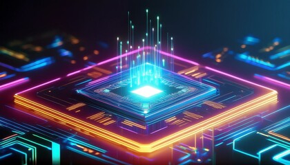Consumer future and technology concepts: Quantum computing concept, glowing circuits and particles.