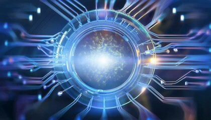 Consumer future and technology concepts: Quantum computing concept, glowing circuits and particles.