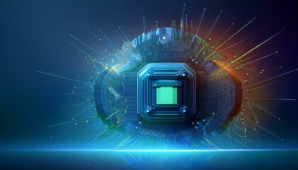 Consumer future and technology concepts: Quantum computing concept, glowing circuits and particles.