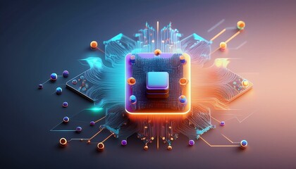 Consumer future and technology concepts: Quantum computing concept, glowing circuits and particles.