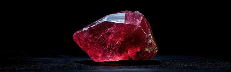 Poster - Polished ruby with intense red color resting on a dark surface in a softly lit setting