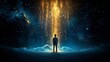 © Heng Heng - AI Stock - A mystical figure stands beneath a glowing waterfall of stars with radiant light cascading down symbolizing the and wonder of the vast enigmatic universe
