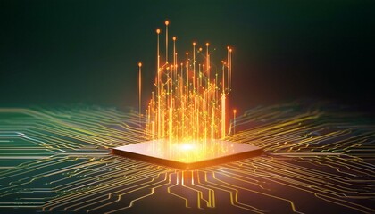 Consumer future and technology concepts: Quantum computing concept, glowing circuits and particles.