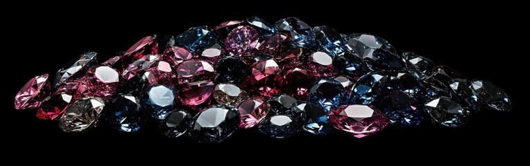 Poster - Pile of shimmering diamonds and rubies sparkling under soft light against a dark background