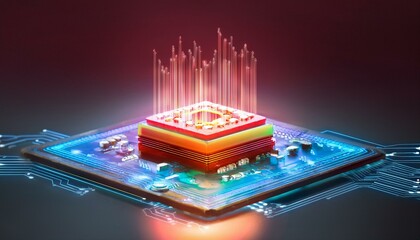 Consumer future and technology concepts: Quantum computing concept, glowing circuits and particles.