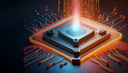 Consumer future and technology concepts: Quantum computing concept, glowing circuits and particles.