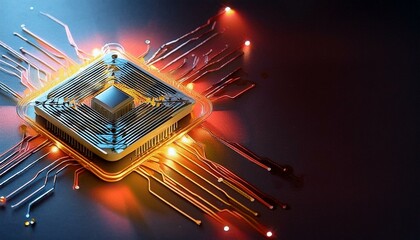 Consumer future and technology concepts: Quantum computing concept, glowing circuits and particles.