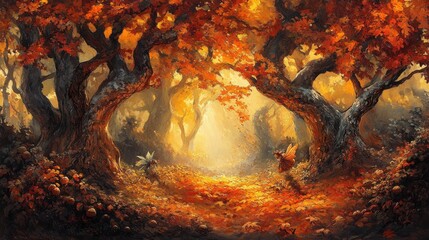 Aufkleber - Mystical autumn forest with vibrant foliage and enchanting light in a serene woodland setting