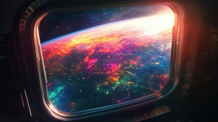 Poster - Colorful exoplanet view from a spacecraft window showcasing vibrant landscapes and celestial features