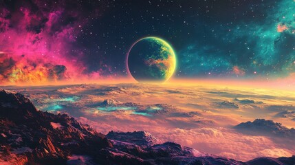 Poster - Mesmerizing view of colorful exoplanet above vibrant cloud layers in distant galaxy
