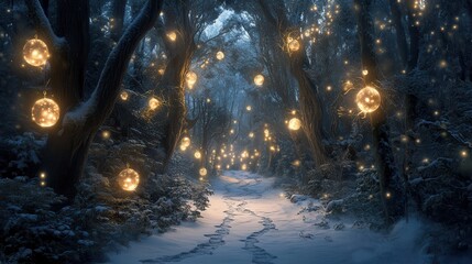 Poster - Magical forest path illuminated by glowing orbs at night in a serene winter landscape