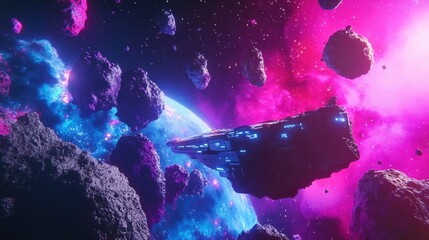 Poster - Futuristic interstellar voyage through vibrant nebula and asteroids in deep space