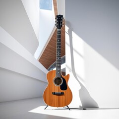 Wall Mural - Guitar propped in front of a white wall wood concrete design wood design concrete architecture wall floor modern