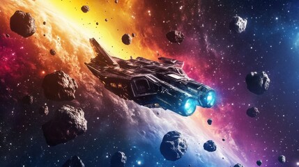 Poster - Futuristic interstellar spacecraft navigating vibrant asteroid belt amid colorful cosmic backdrop
