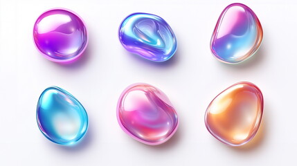 6 waterdrop-shaped beads in 3D rendered colourful colors of twinkling rainbow, button image. Isolated on white background. Top view. Flat lay.