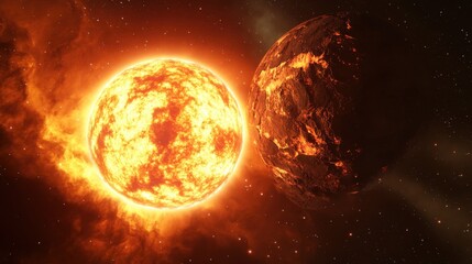 Wall Mural - dramatic encounter between a blazing sun and a fiery exoplanet in an alien solar system