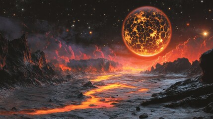 Wall Mural - dramatic exoplanet landscape with lava rivers under a fiery sky full of stars