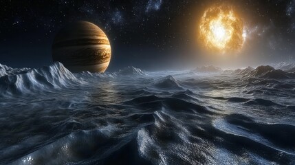 Wall Mural - detailed view of a water-covered exoplanet orbiting a distant star with planetary features visible